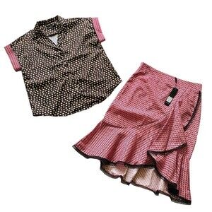 Beulah Style 2 Pc Set M NWT Pink Black Lace Mermaid Skirt Button Front Blouse